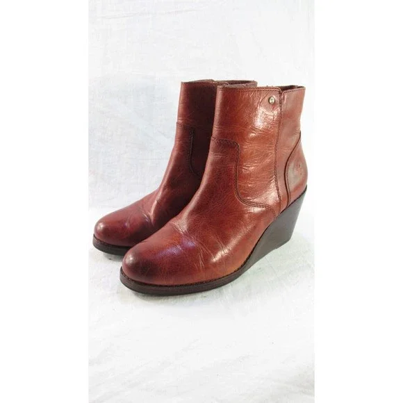 Frye Wedge Heel Ankle Boots Cognac Brown Leather Size 7 M- fits like a 6 - Picture 5 of 8